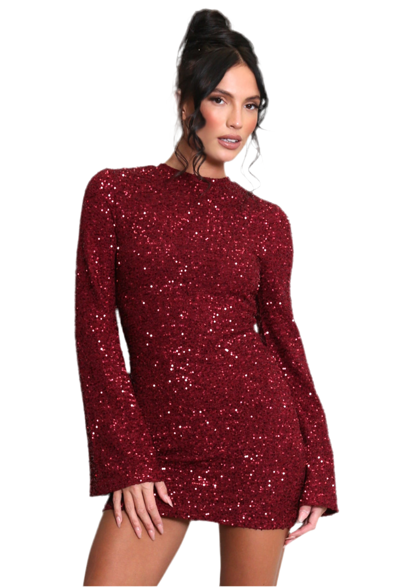 Burgundy Sequin Flute Sleeve Mini Dress