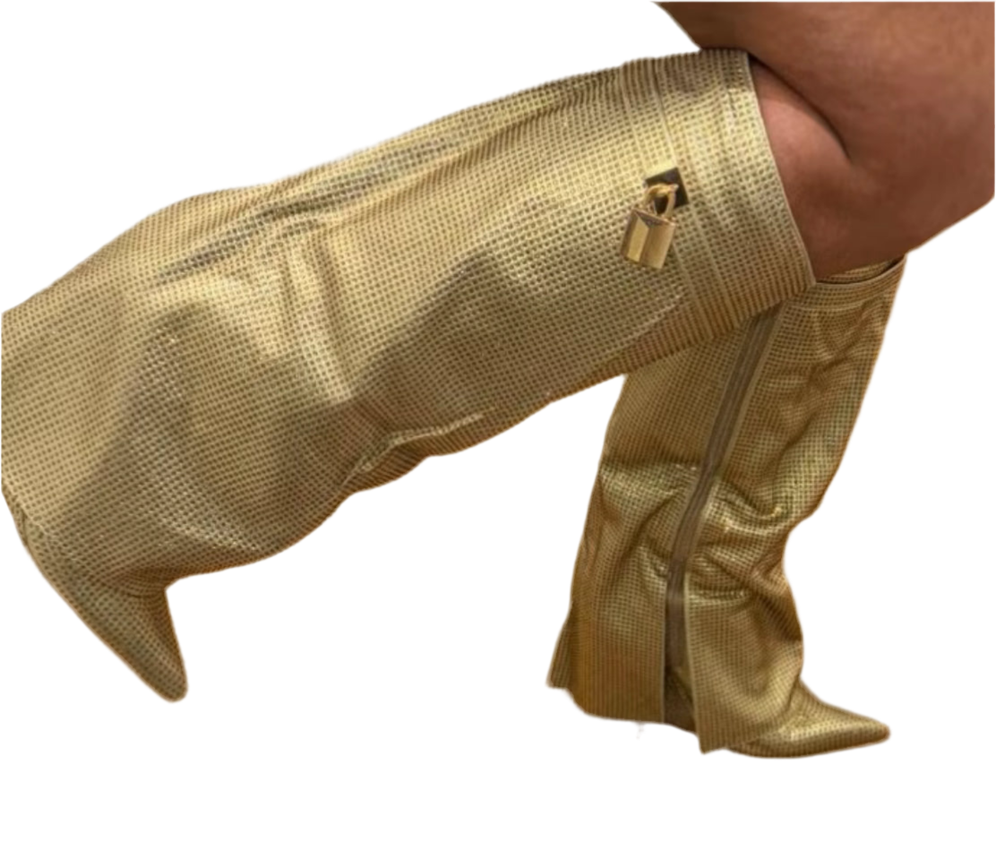 Talia Gold Glitter Diamante Lock Fold Over Boots