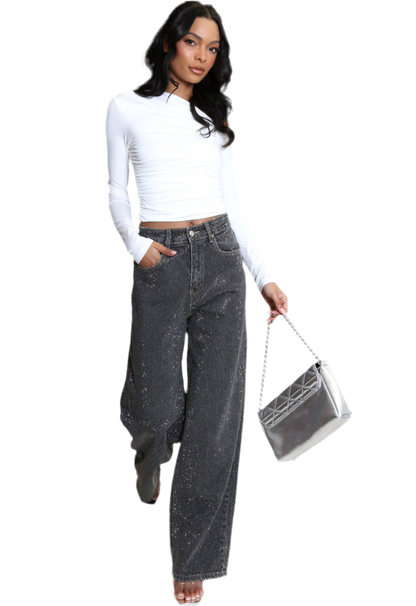 Full Diamante Embellished Wide Fit Jeans