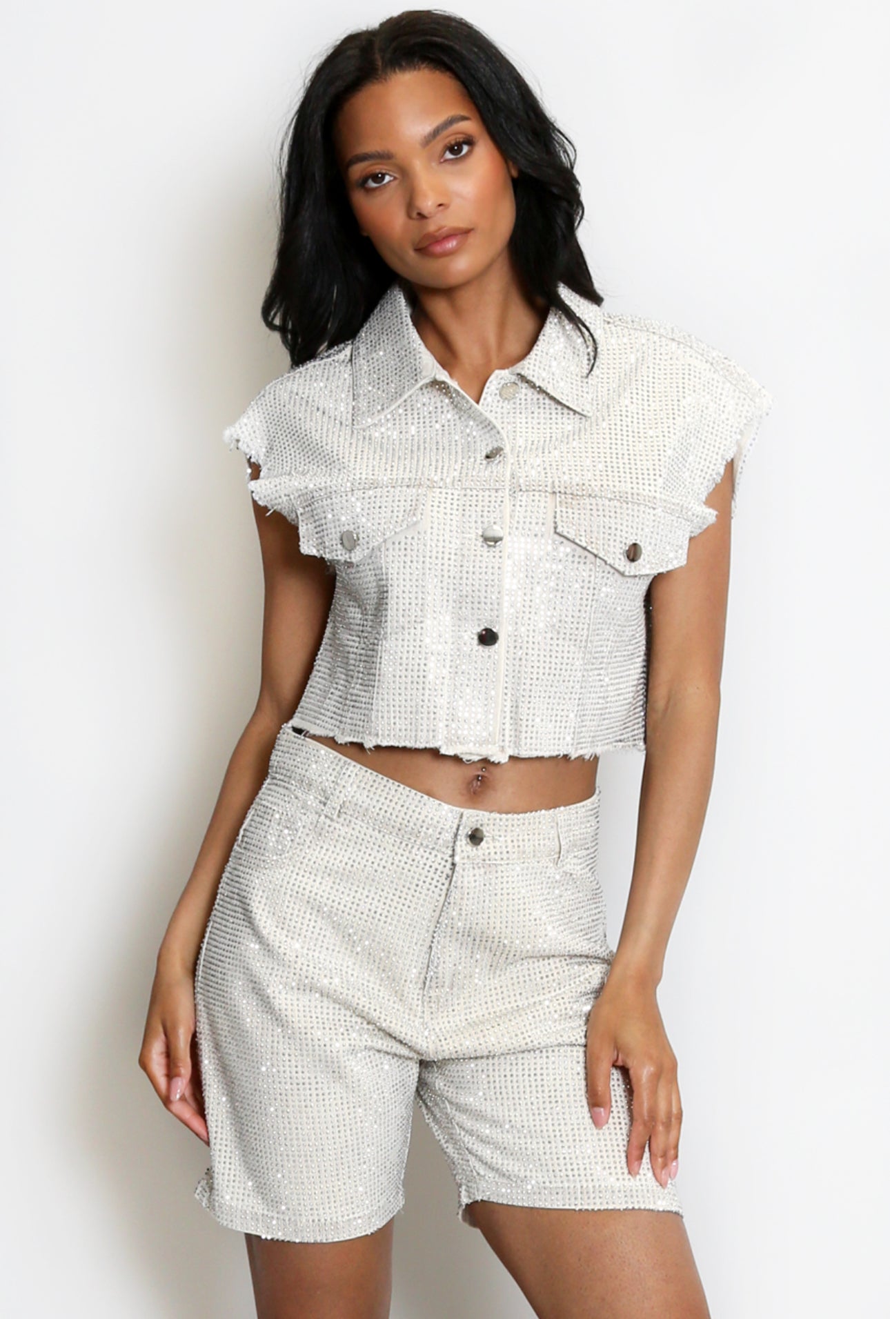 Seraphina Beige Diamante Denim Studded Waistcoat & Shorts Two Piece Set