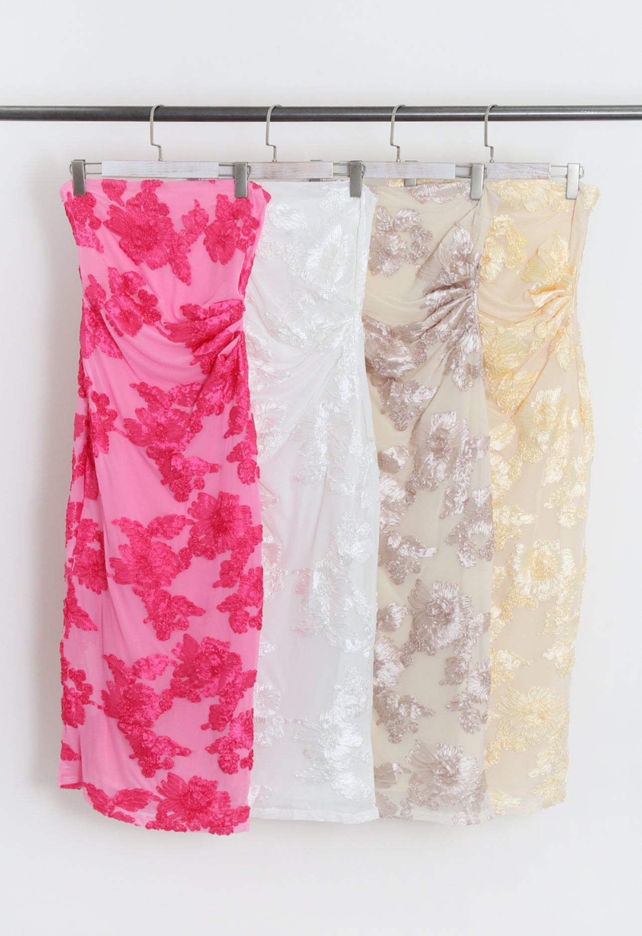 Indie Luxe Bandeau Flower Mesh Sleeve Midi Dress