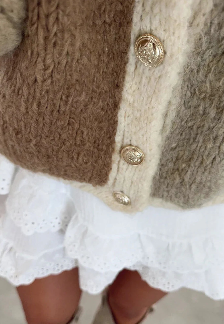 CINDY COLOUR BLOCK CONTRAST KNITTED CARDIGAN-BROWN