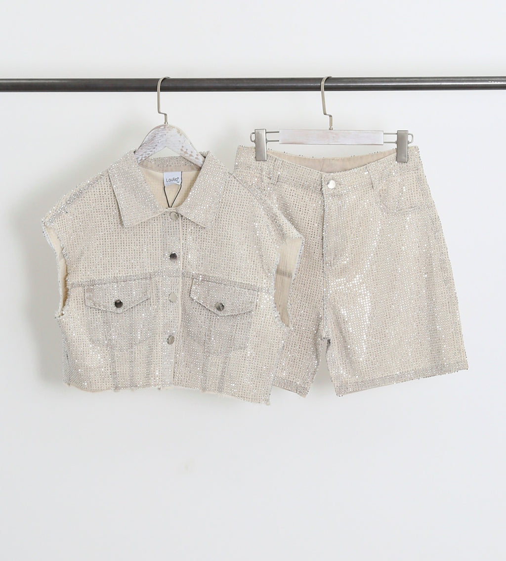 Seraphina Beige Diamante Denim Studded Waistcoat & Shorts Two Piece Set
