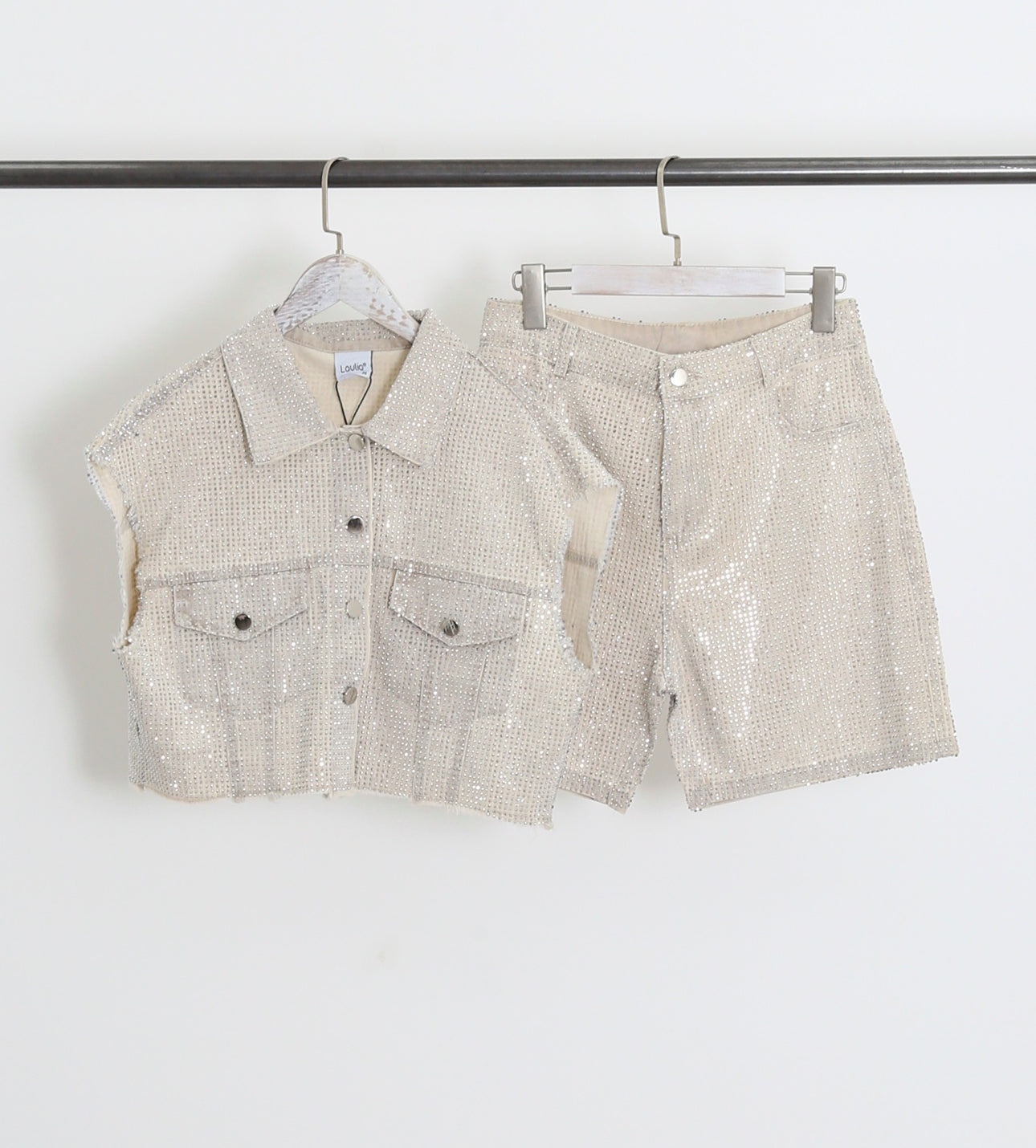 Seraphina Beige Diamante Denim Studded Waistcoat & Shorts Two Piece Set