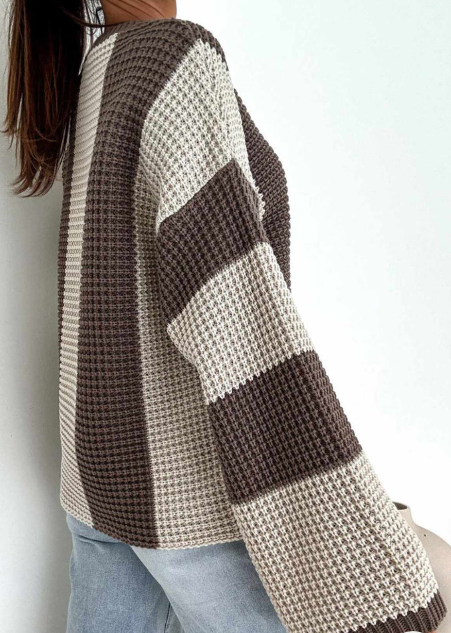 Raye Striped Wide Sleeve Knitted Jumper - Stone