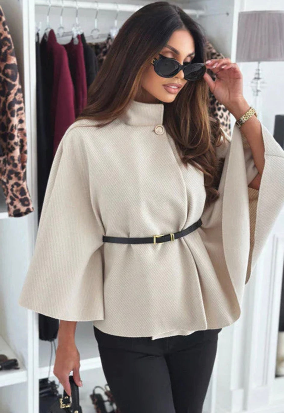 Cherise Button Detail
Belted Cape Poncho