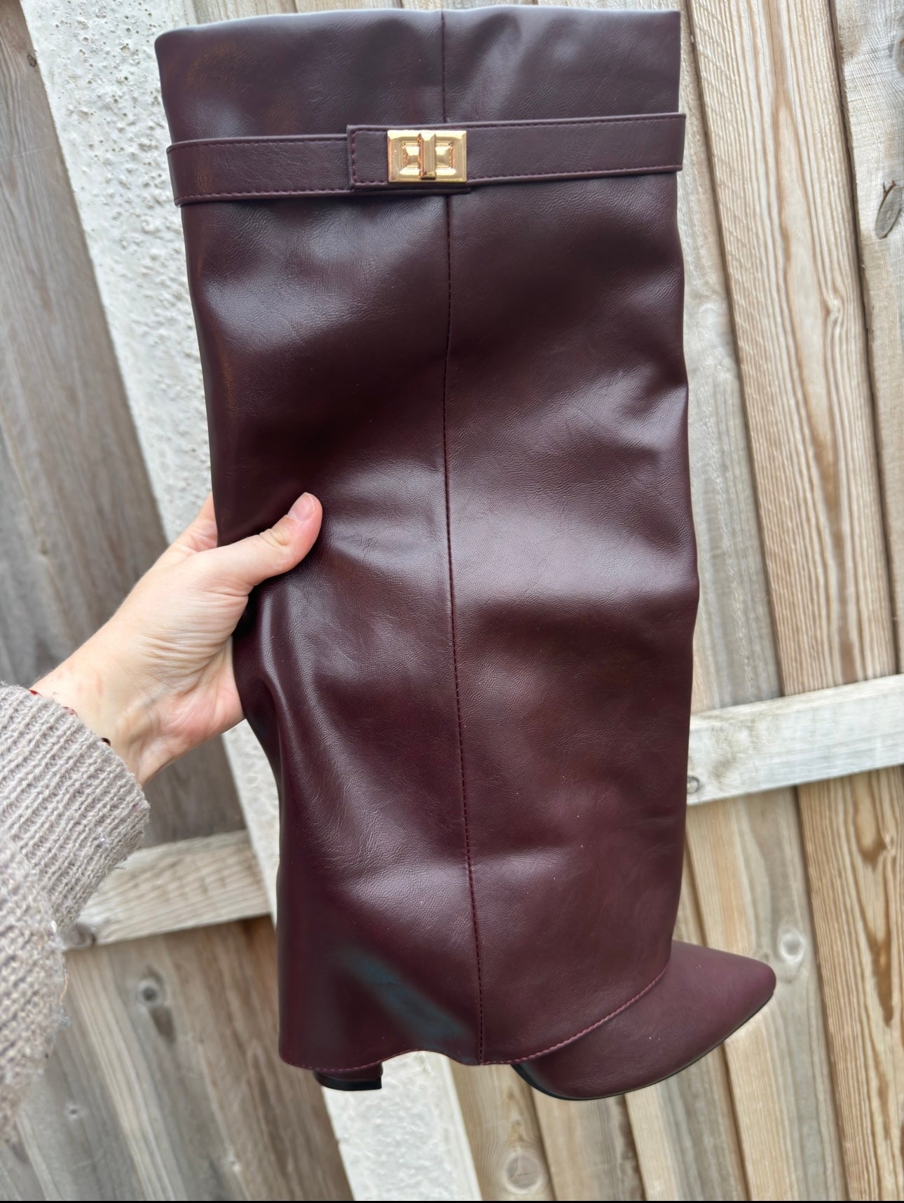 Alexa Knee High Fold Over Heels Boots - Deep Burgundy
