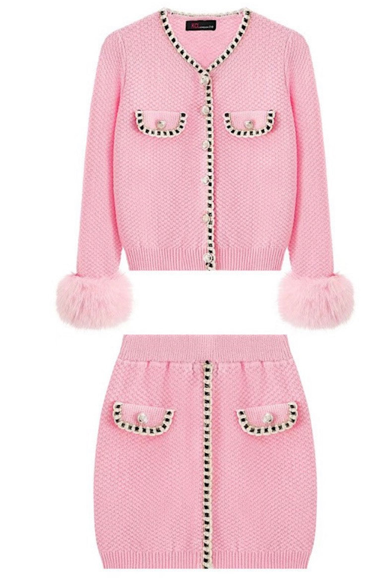 Girls Diamond Knit Fur Cardigan & Skirt Set 2-12 Years