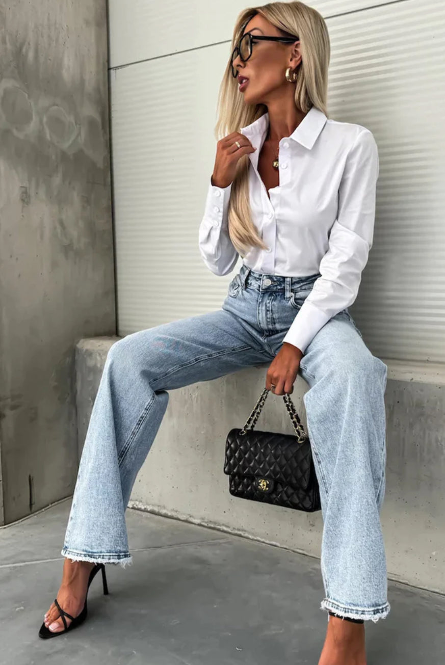 MIMI WIDE LEG FRAYED HEM DENIM JEANS-LIGHT BLUE