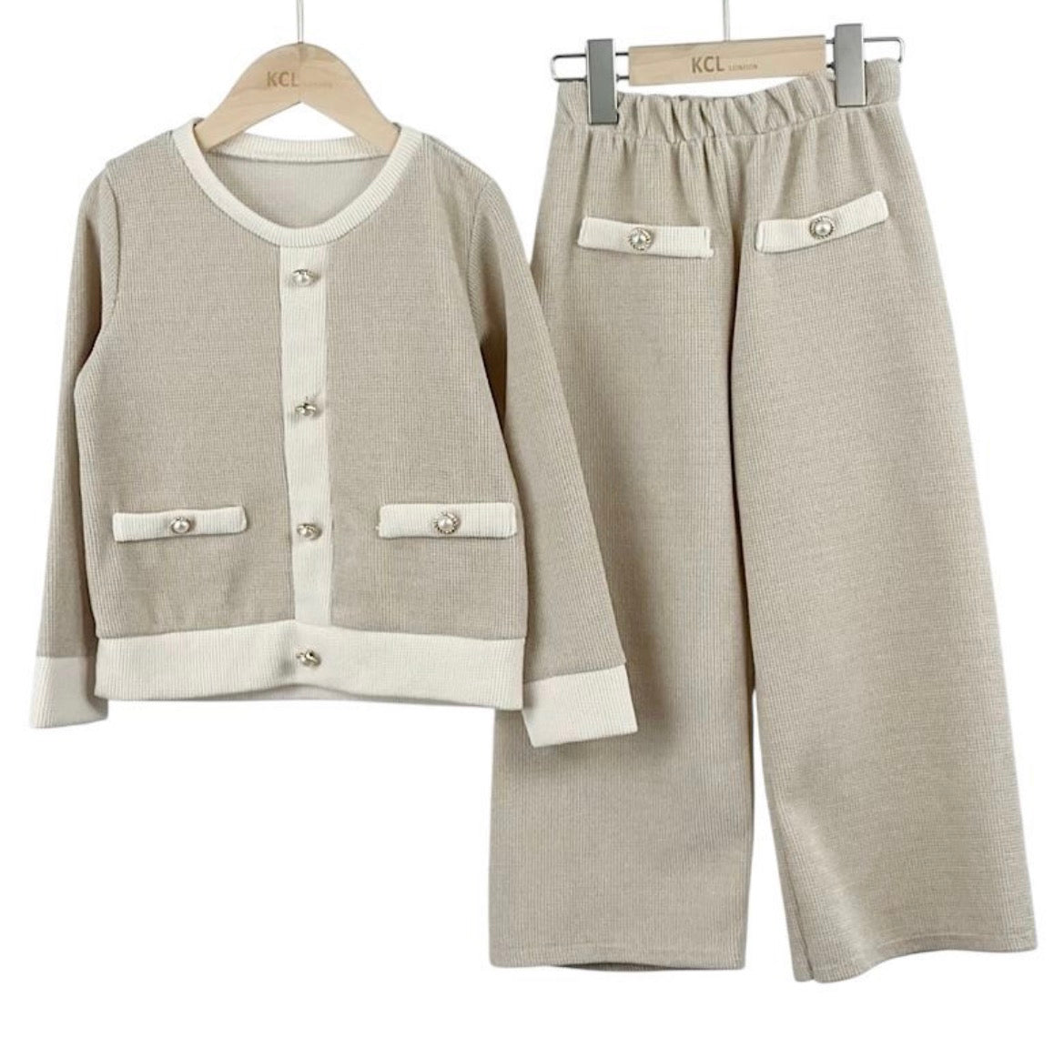 Girls Biscuit & Ivory Contrast Buttoned 2pc Set