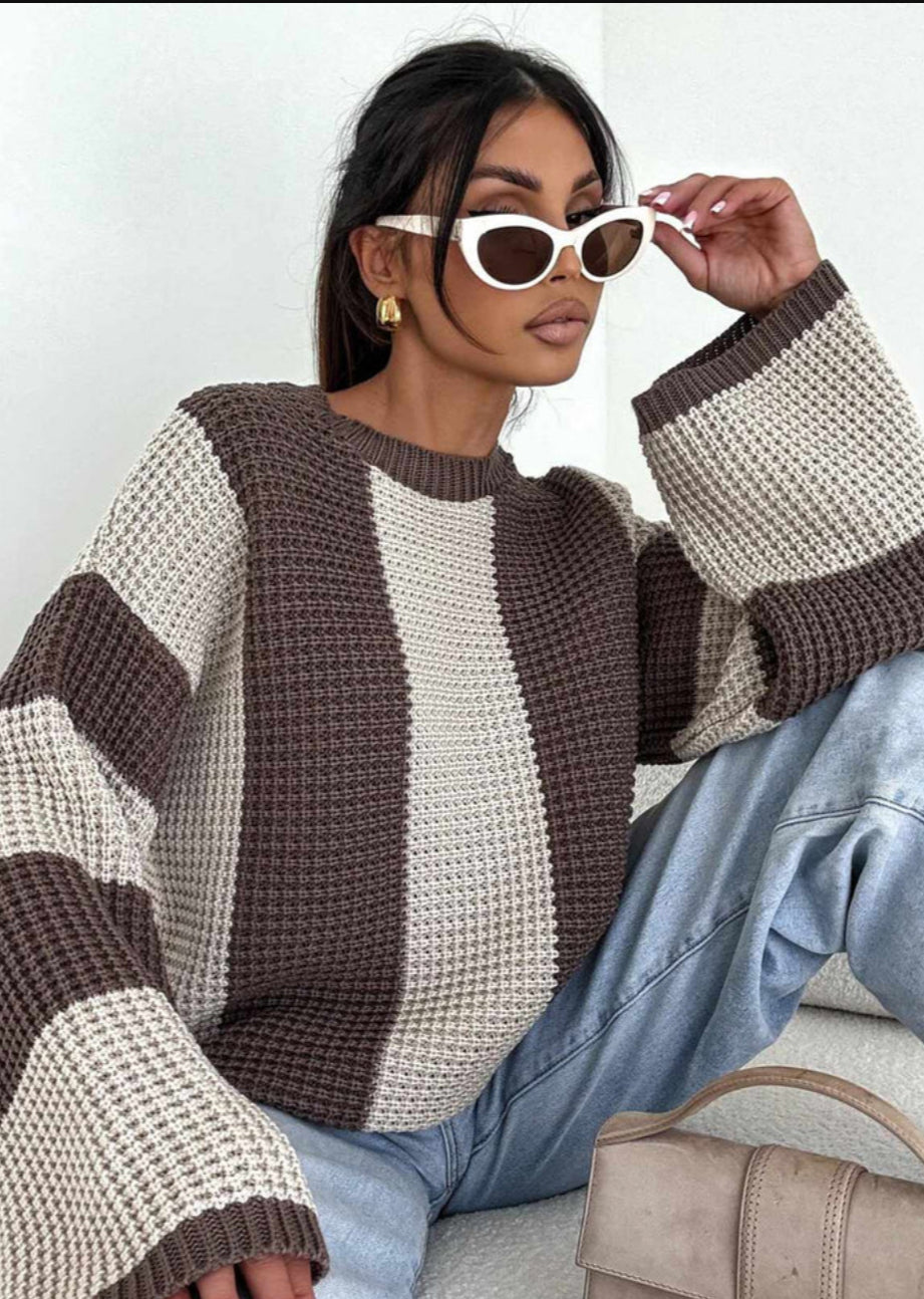 Raye Striped Wide Sleeve Knitted Jumper - Stone