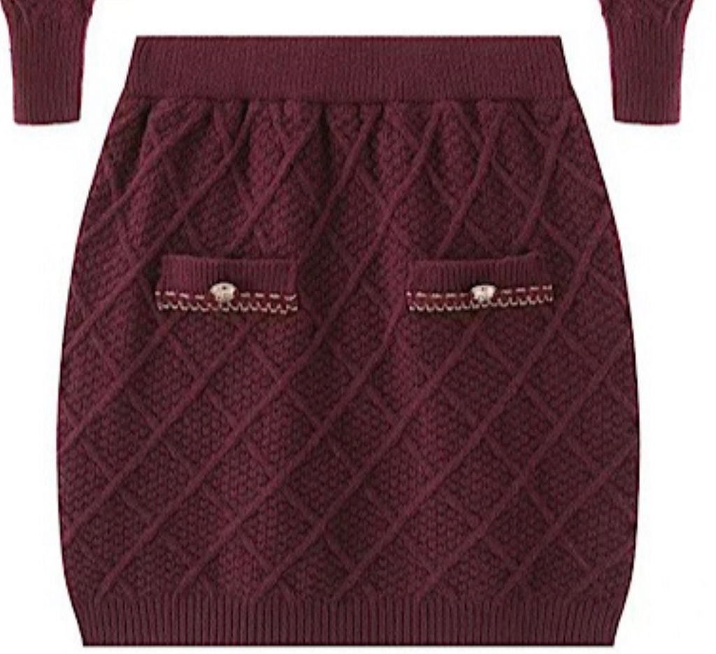 Burgundy Diamond Knit Fur Cardigan & Skirt Set 2-12 Years