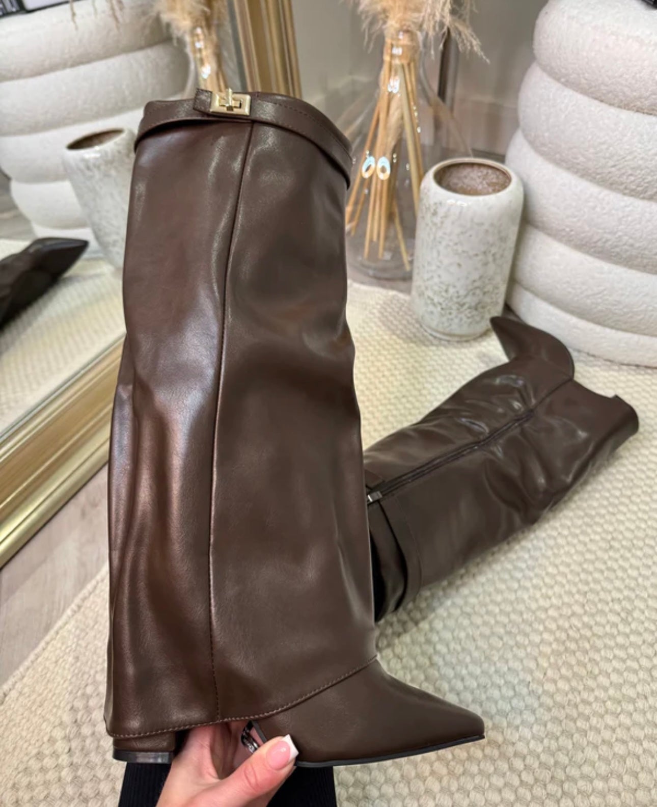 Alexa Knee High Fold Over Heels Boots - CHOCOLATE