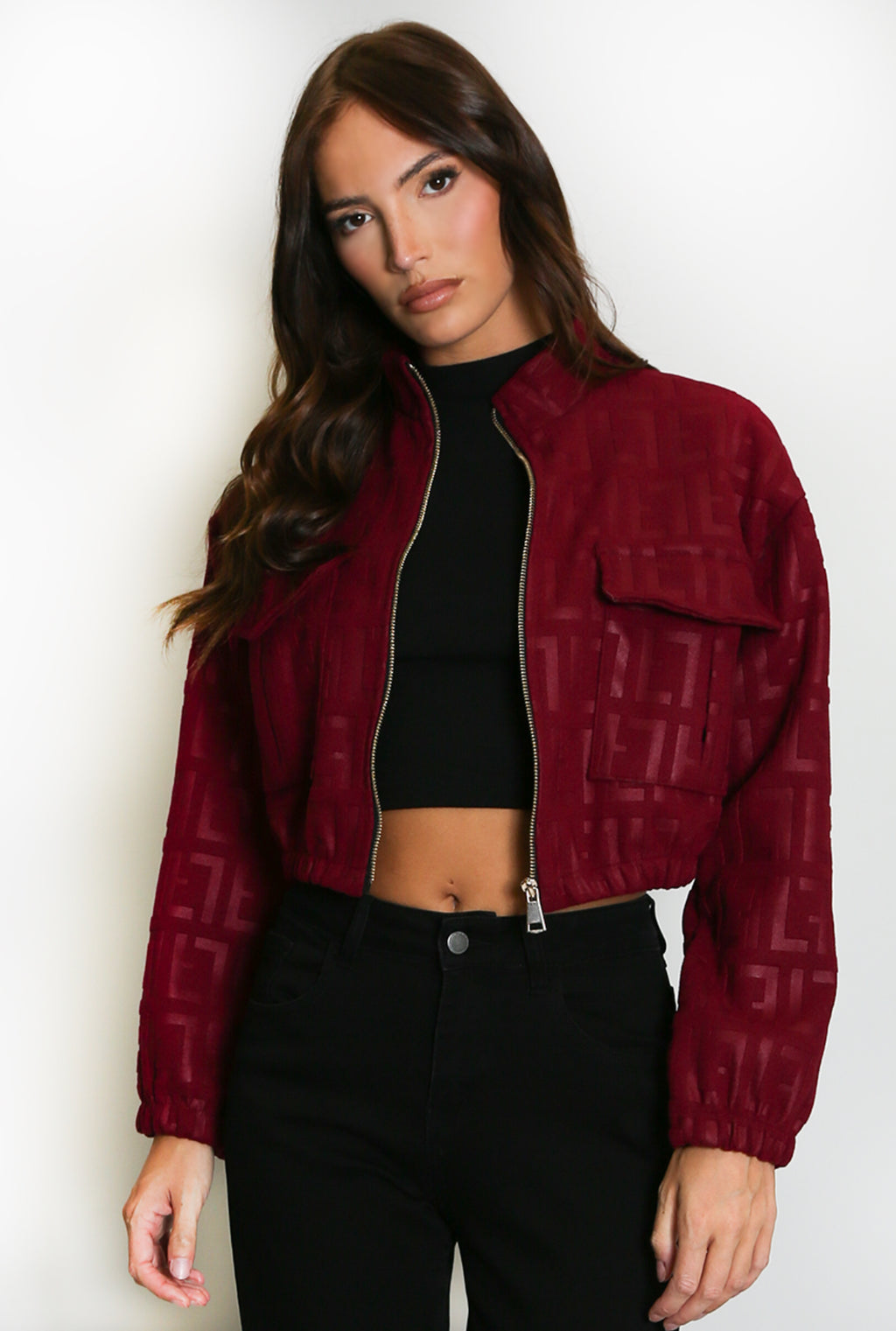 Gia Embossed Cropped Faux Suede Bomber Jacket