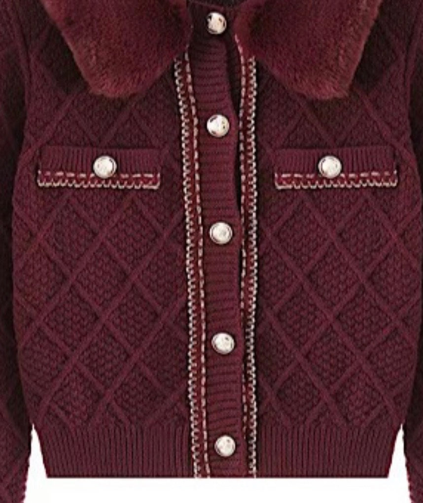 Burgundy Diamond Knit Fur Cardigan & Skirt Set 2-12 Years