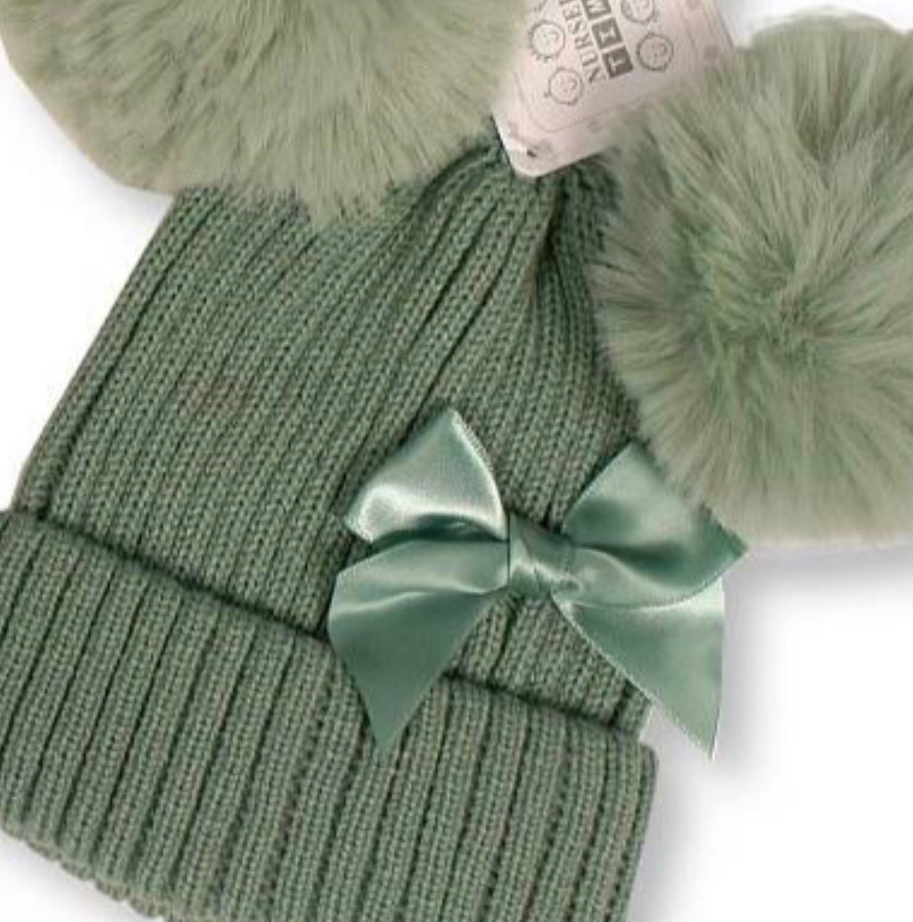 Sage Double Pom Pom Bow Beanie Hat 0-12M