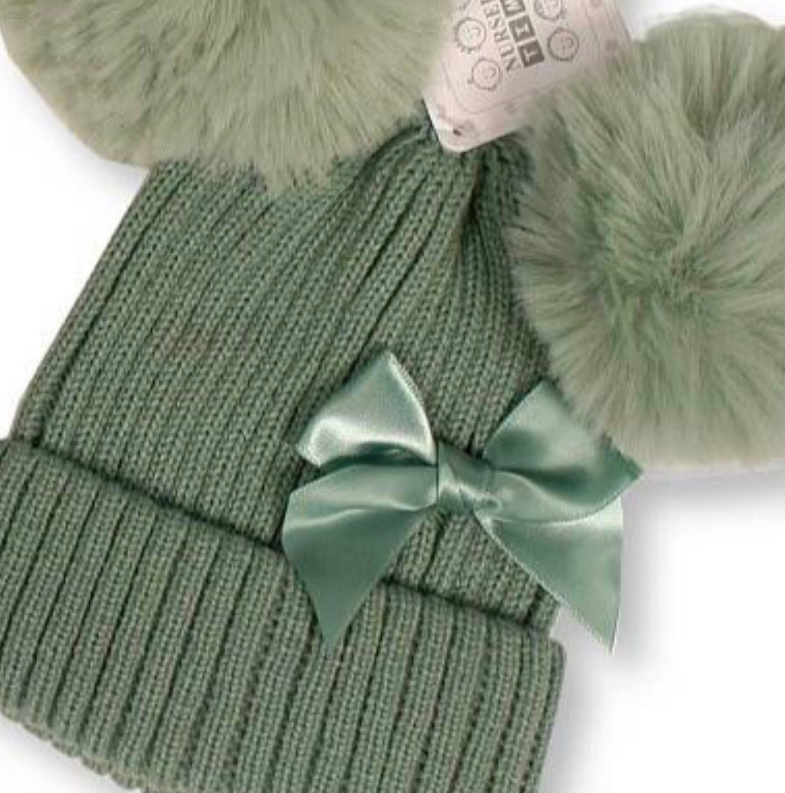 Sage Double Pom Pom Bow Beanie Hat 0-12M