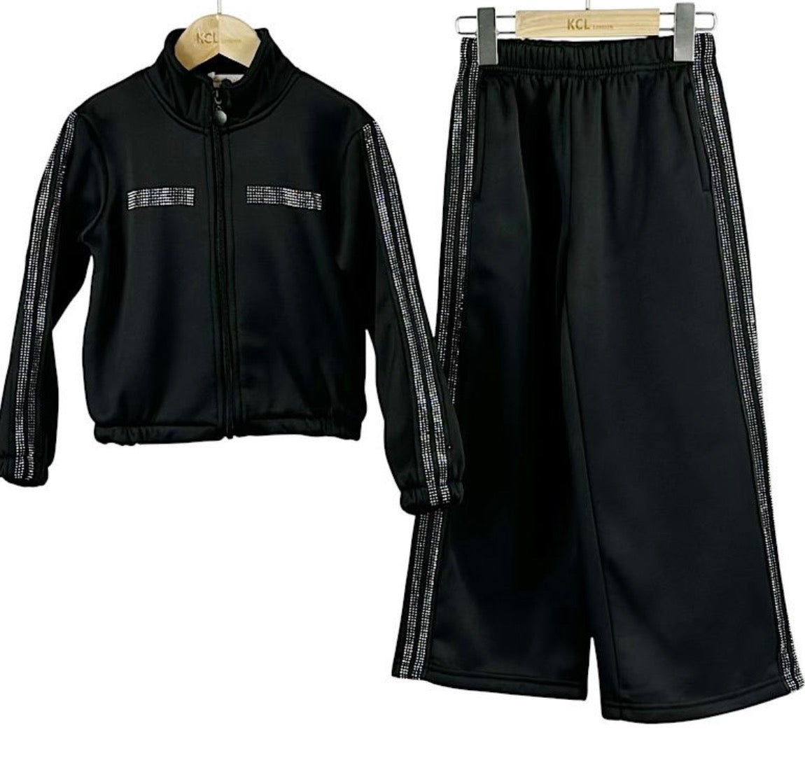 Girls Black 2pc Diamante Jacket and Trousers Set 4-14 Years