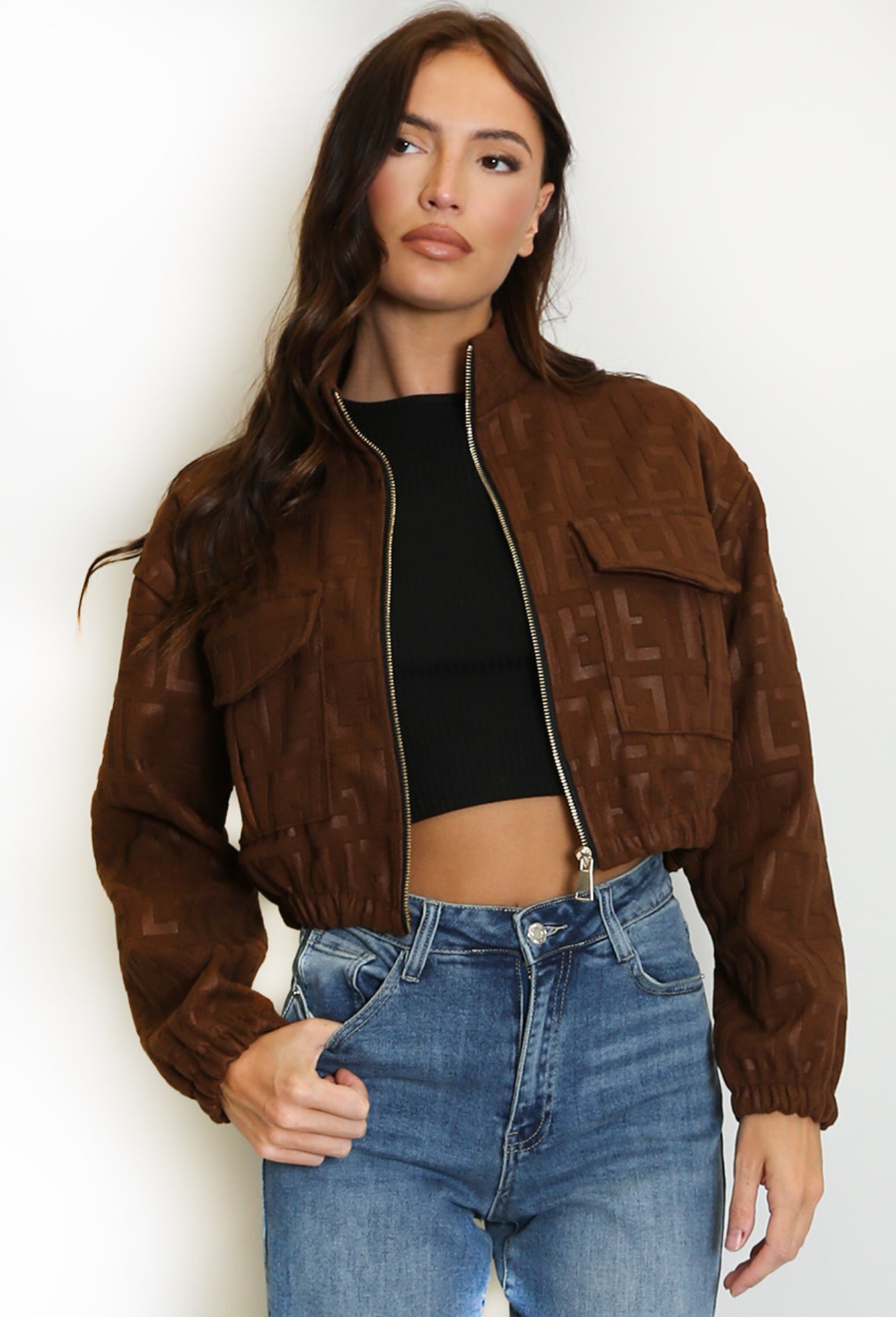 Gia Embossed Cropped Faux Suede Bomber Jacket