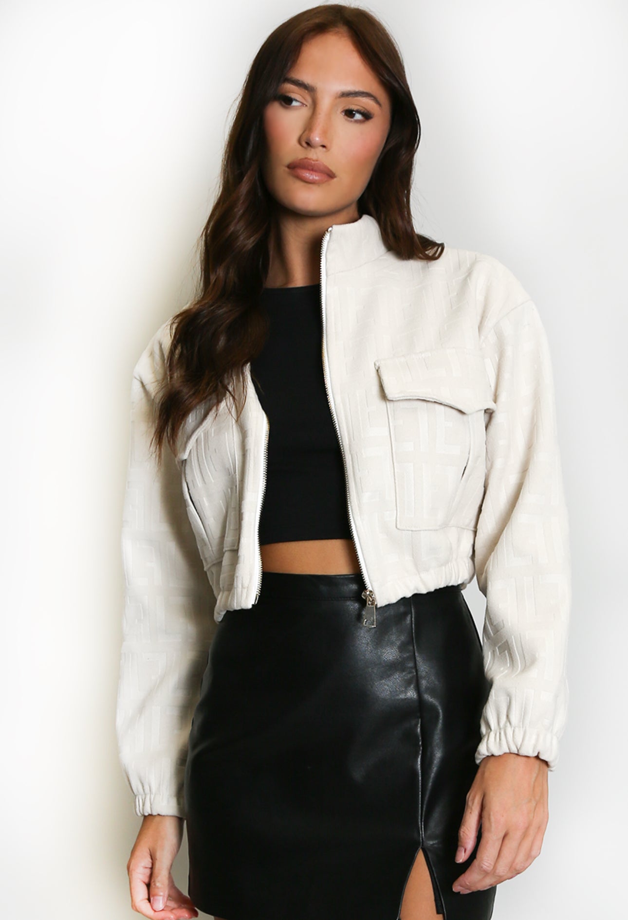 Gia Embossed Cropped Faux Suede Bomber Jacket
