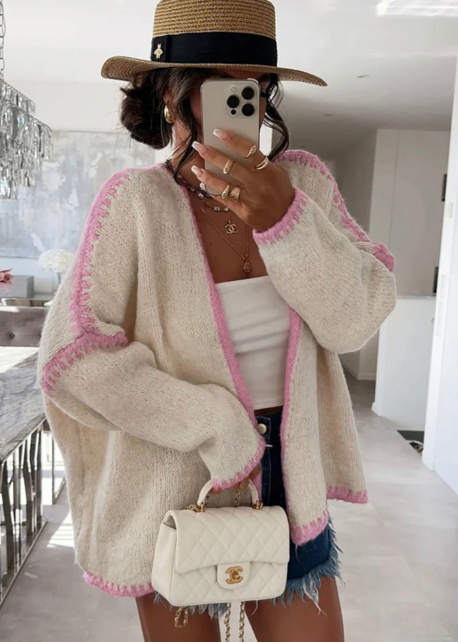 Shania Contrast Knitted Cardigan - Pink