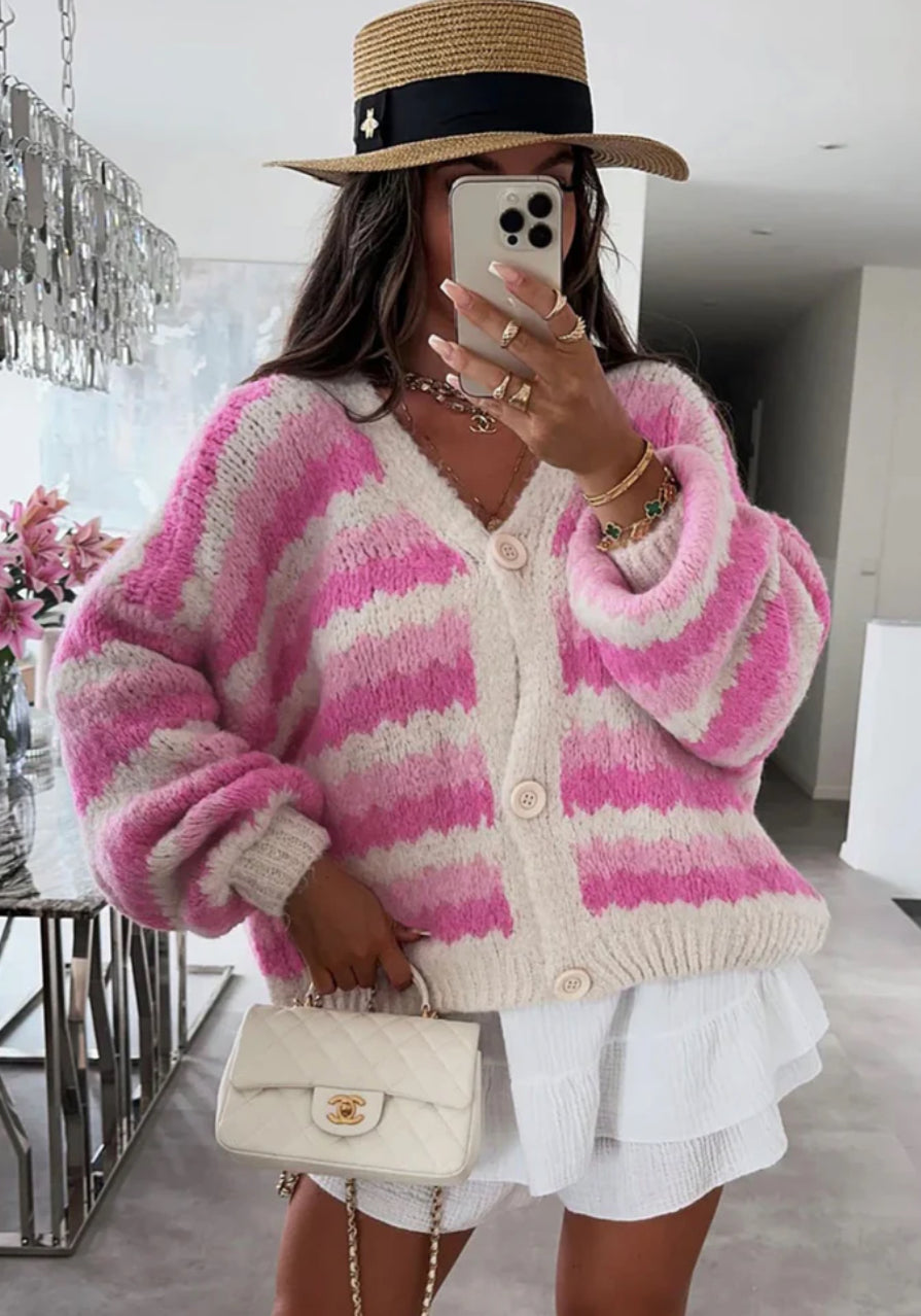 Tamara Contrast Patterned Knitted Cardigan- Pink
