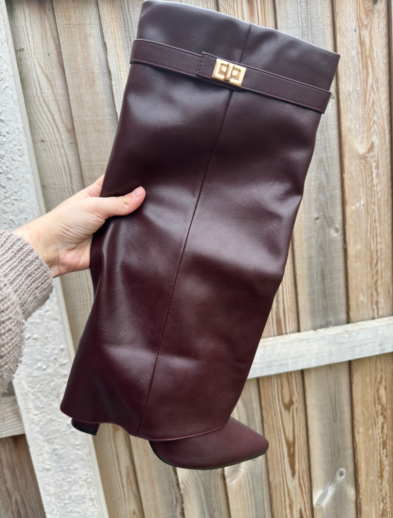 Alexa Knee High Fold Over Heels Boots - Deep Burgundy
