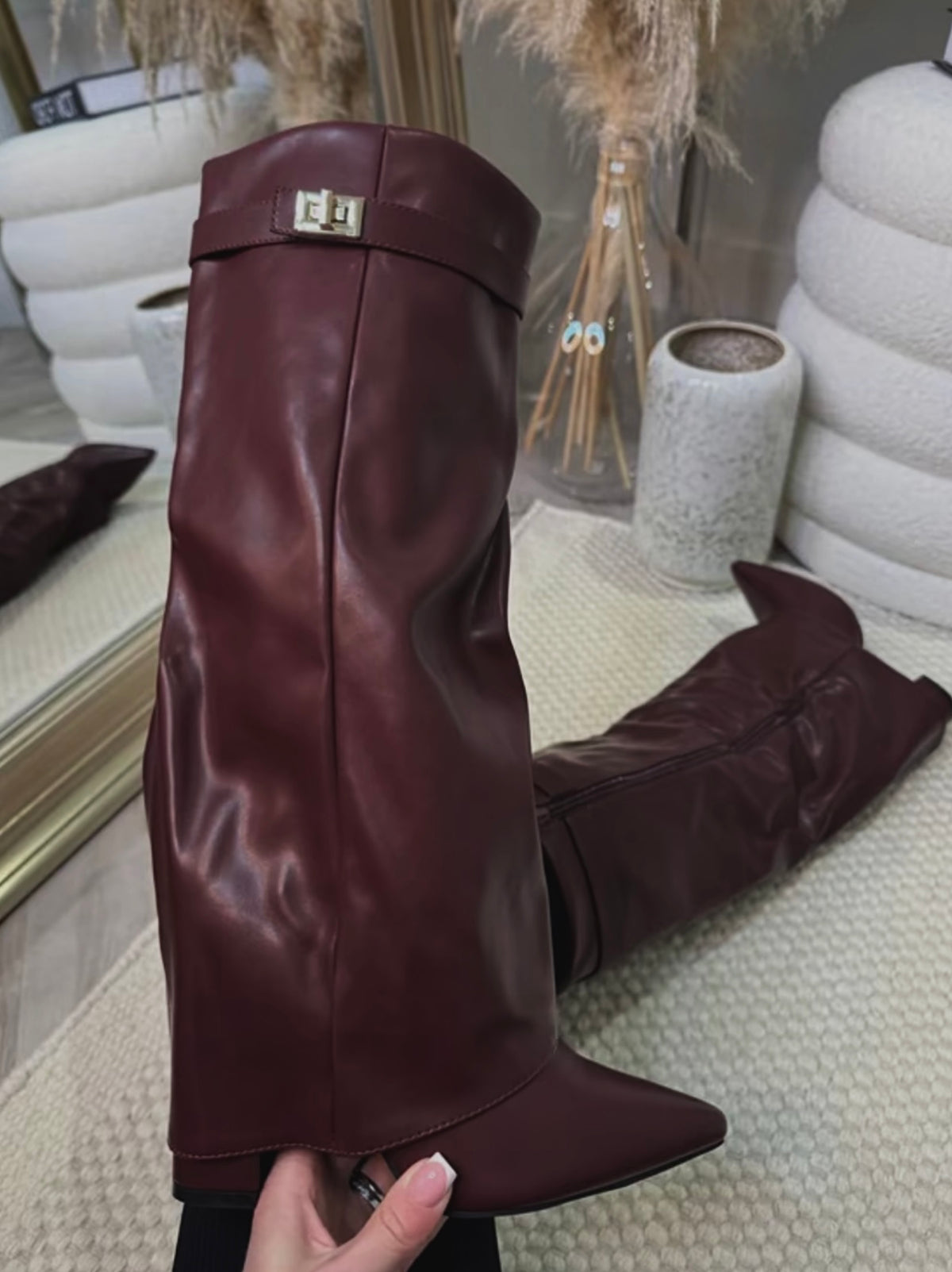 Alexa Knee High Fold Over Heels Boots - Deep Burgundy