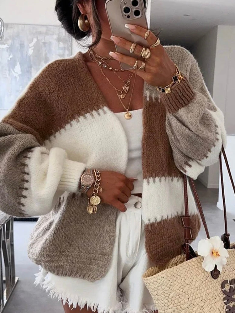 Mariah Contrast Knit Colour Block Knitted Cardigan - STONE