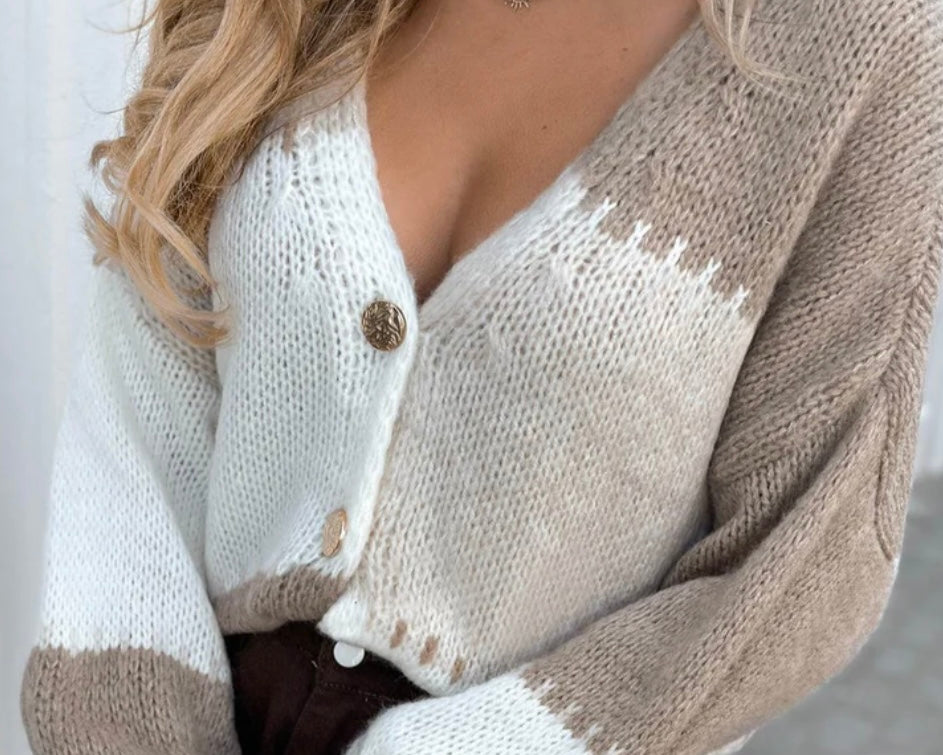 Mariah Contrast Knit Colour Block Knitted Cardigan - MILK TEA