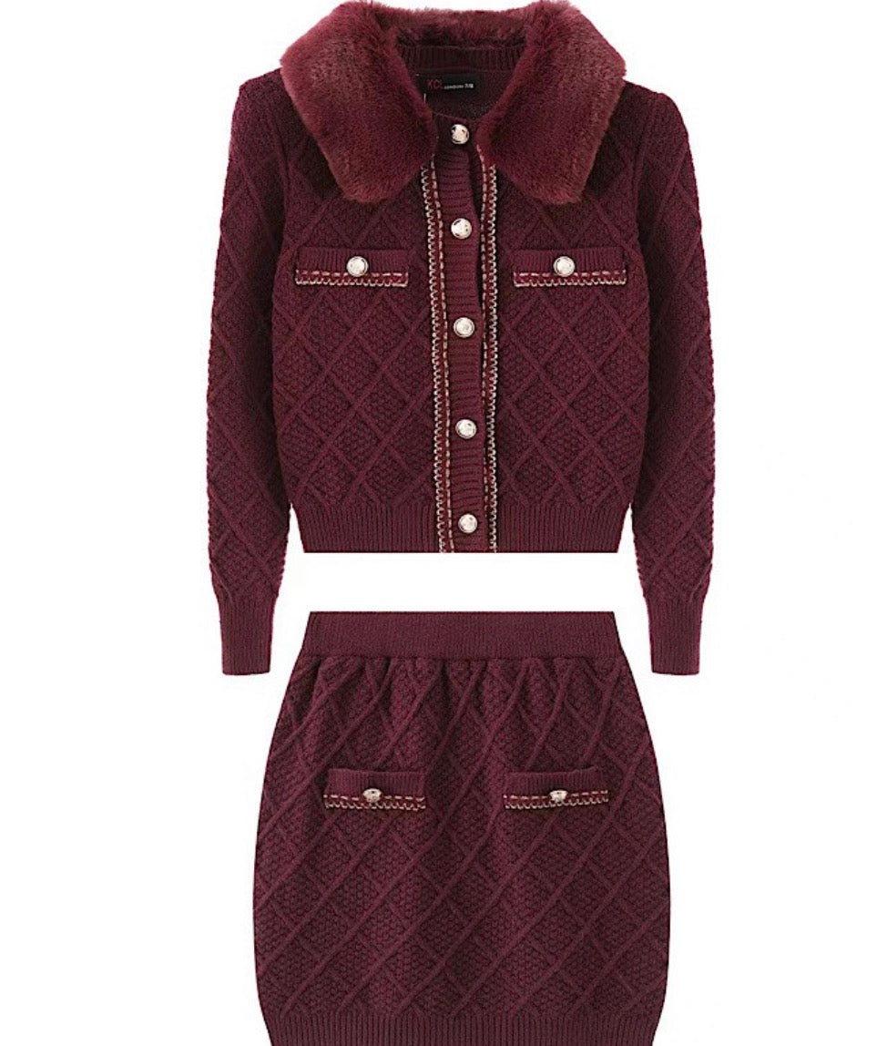 Burgundy Diamond Knit Fur Cardigan & Skirt Set 2-12 Years