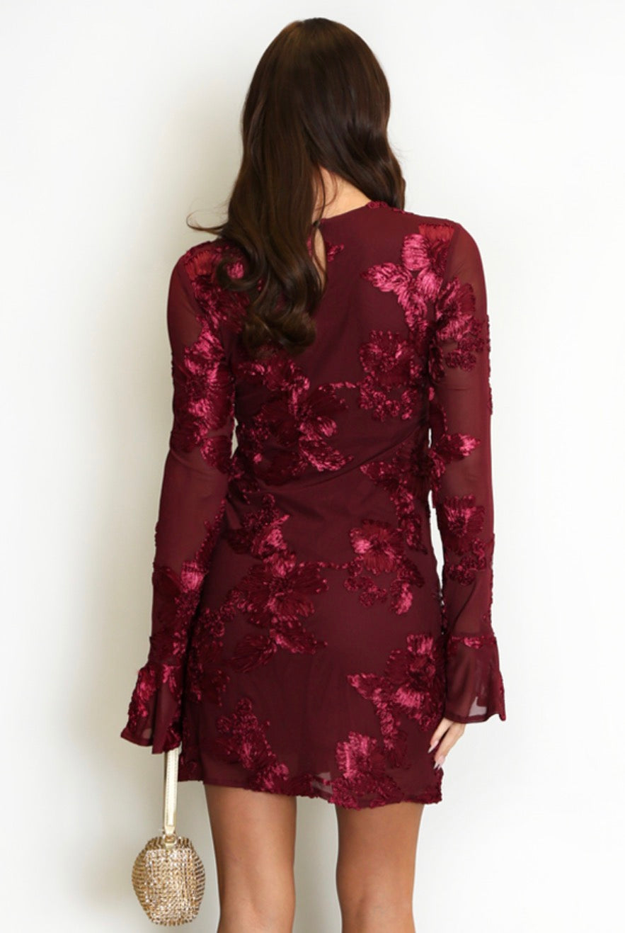 Wine Red Indie Luxe Flower Mesh Sleeve Mini Dress