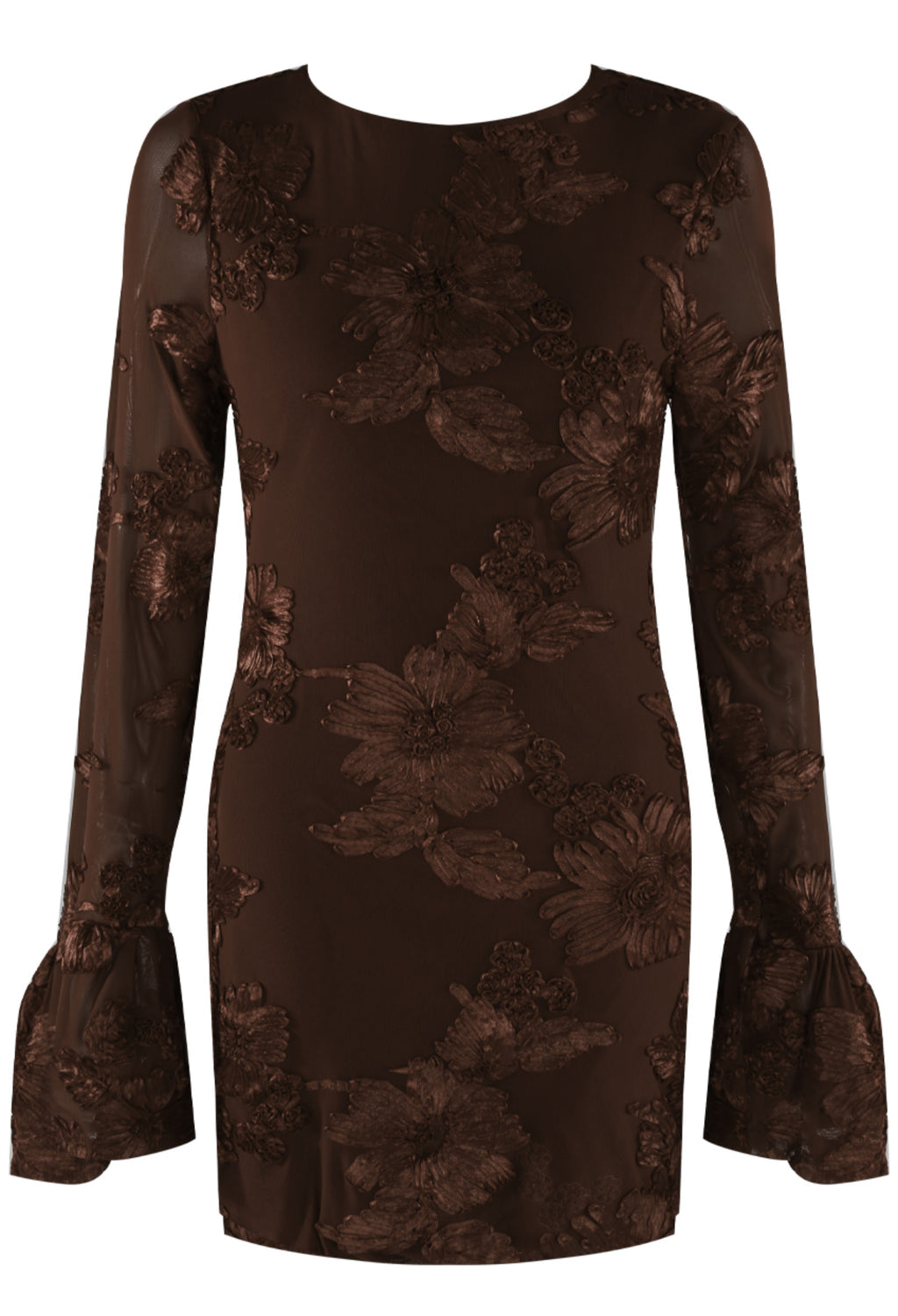 Chocolate Indie Luxe Flower Mesh Sleeve Mini Dress