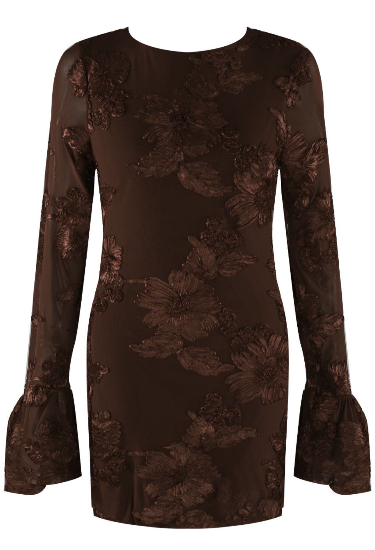 Chocolate Indie Luxe Flower Mesh Sleeve Mini Dress