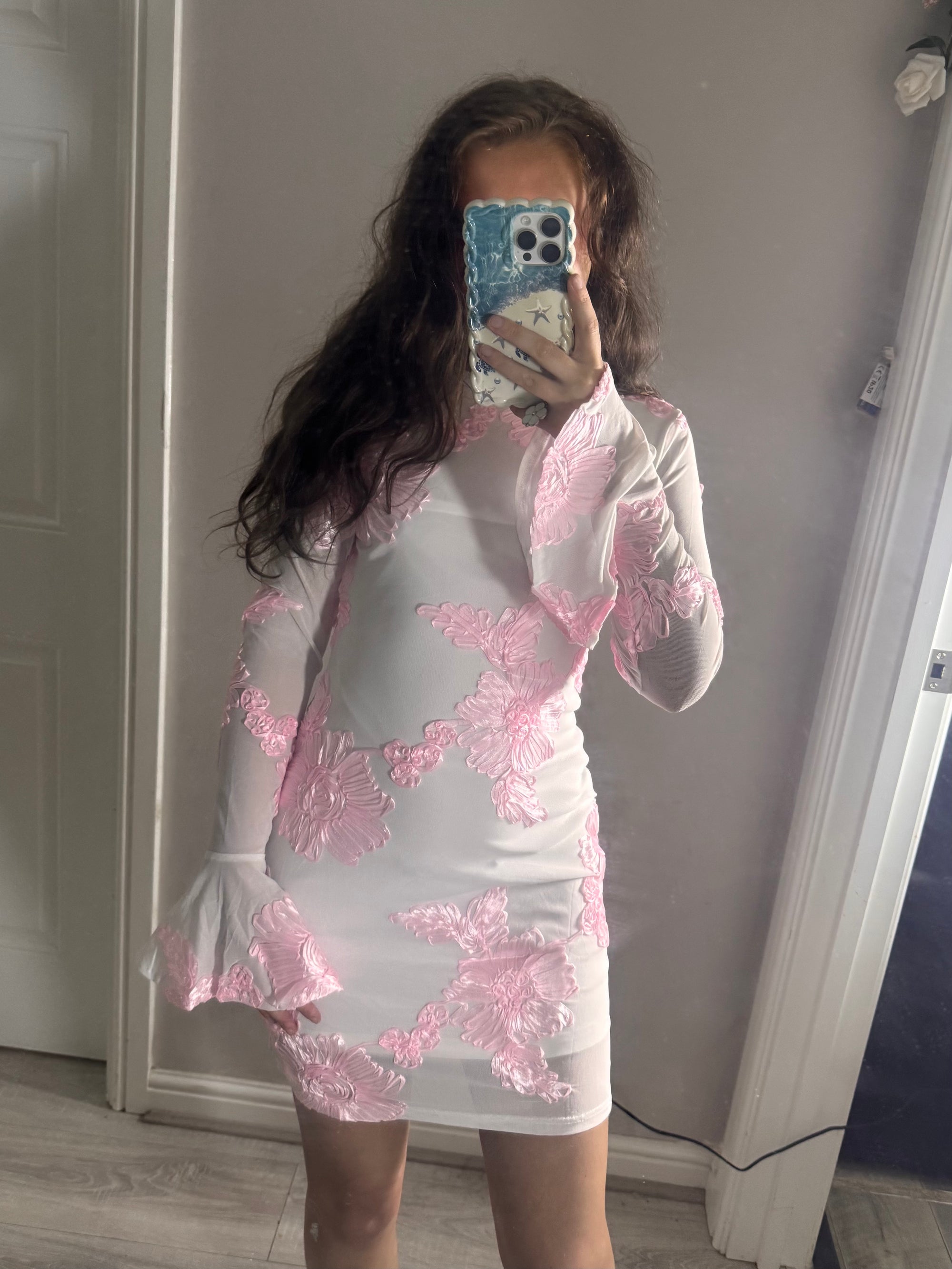 White Pink Indie Luxe Flower Mesh Sleeve Mini Dress