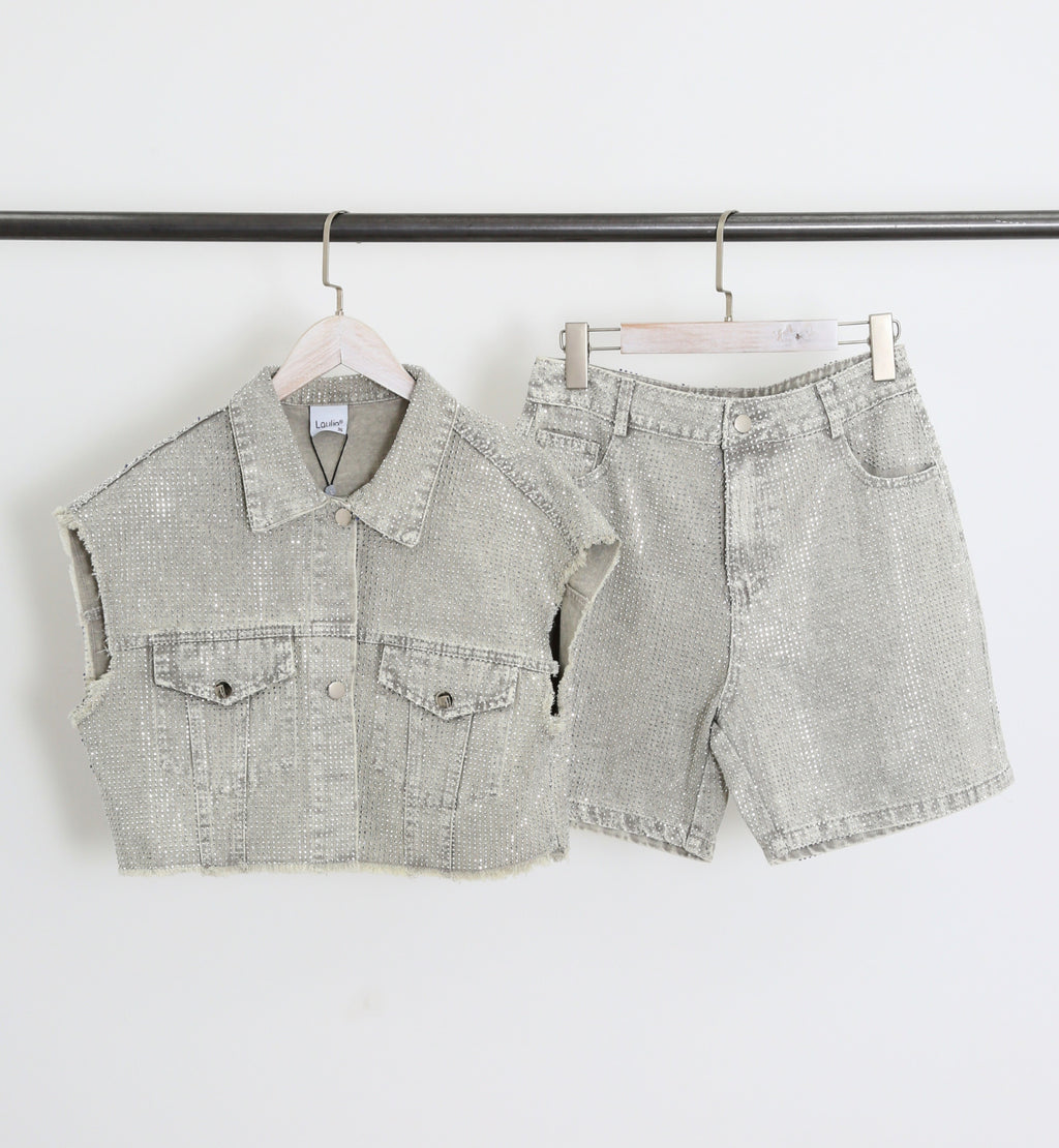 Seraphina Grey Diamante Denim Studded Waistcoat & Shorts Two Piece Set