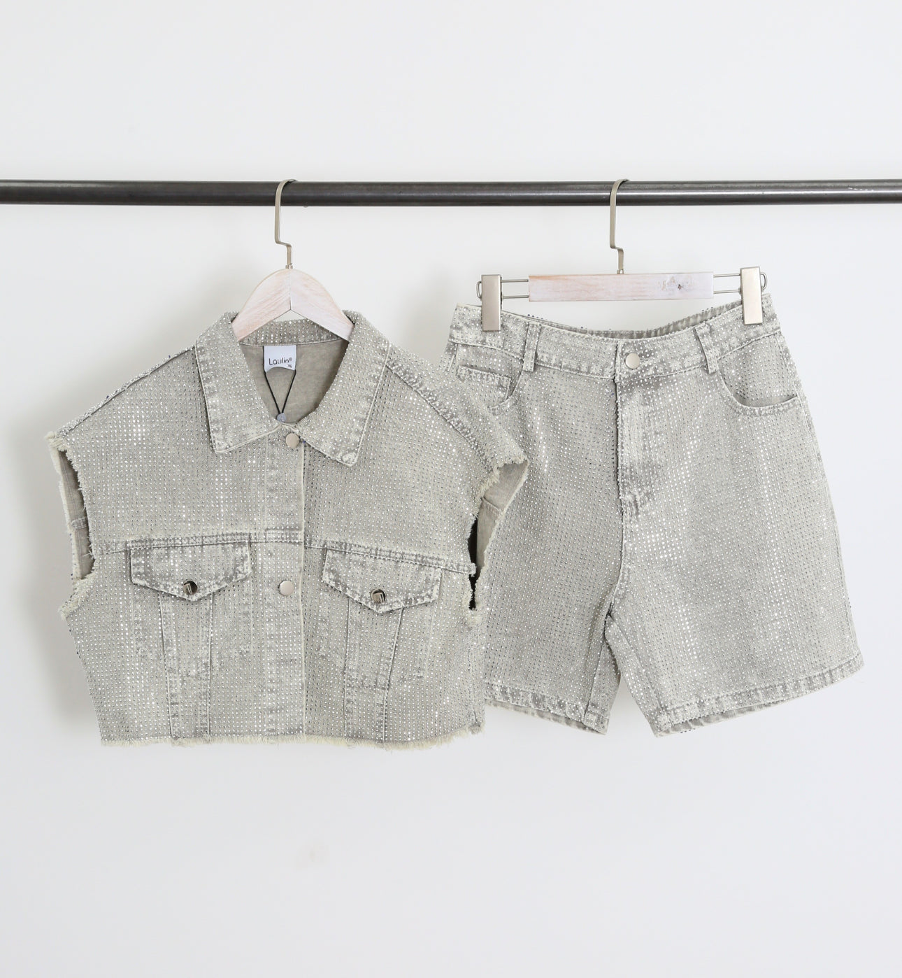 Seraphina Grey Diamante Denim Studded Waistcoat & Shorts Two Piece Set