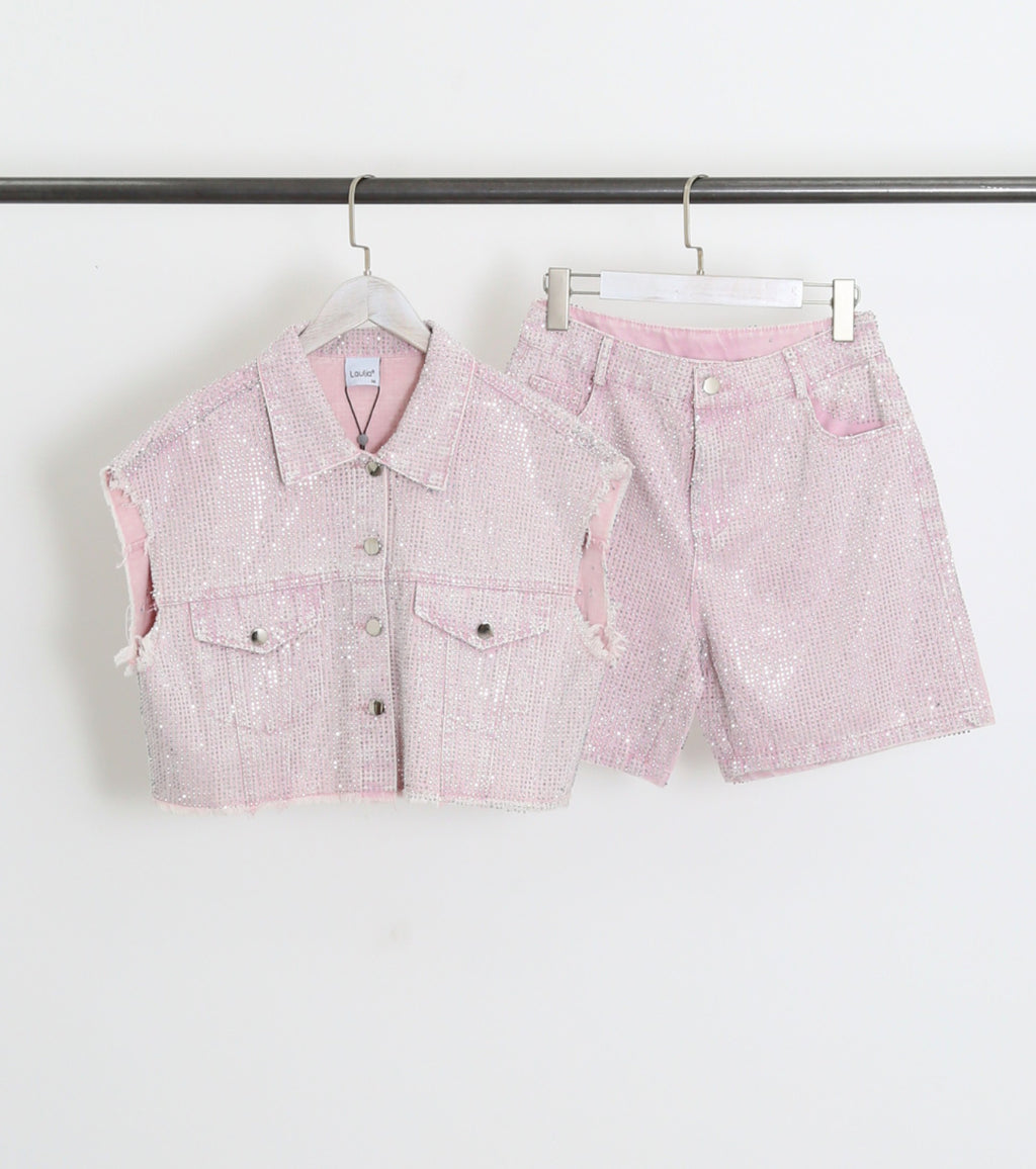 Seraphina Rose Diamante Denim Studded Waistcoat & Shorts Two Piece Set