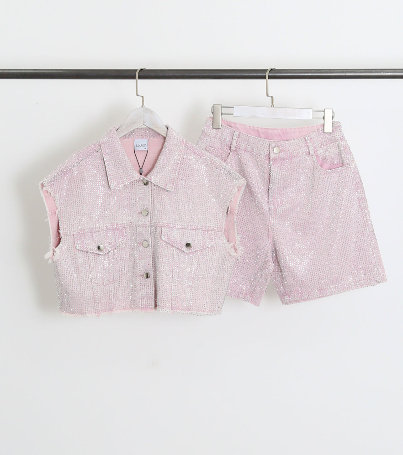 Seraphina Rose Diamante Denim Studded Waistcoat & Shorts Two Piece Set