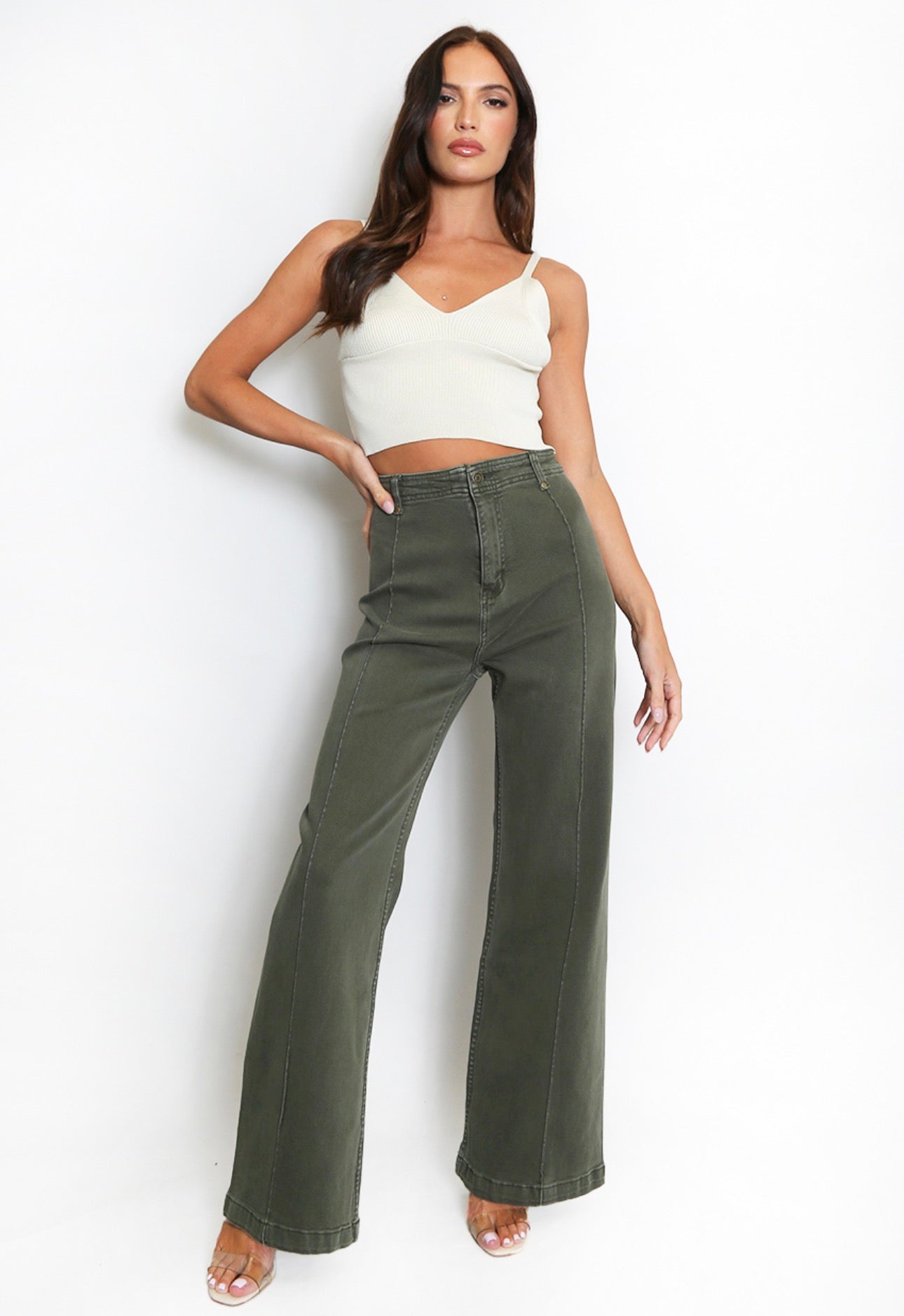 Nala Visible Seam Wide Leg Jeans - Khaki
