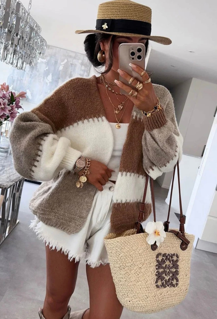 Mariah Contrast Knit Colour Block Knitted Cardigan - STONE