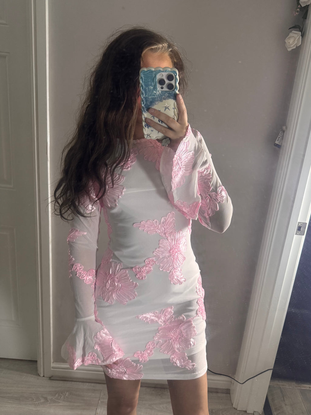 White Pink Indie Luxe Flower Mesh Sleeve Mini Dress
