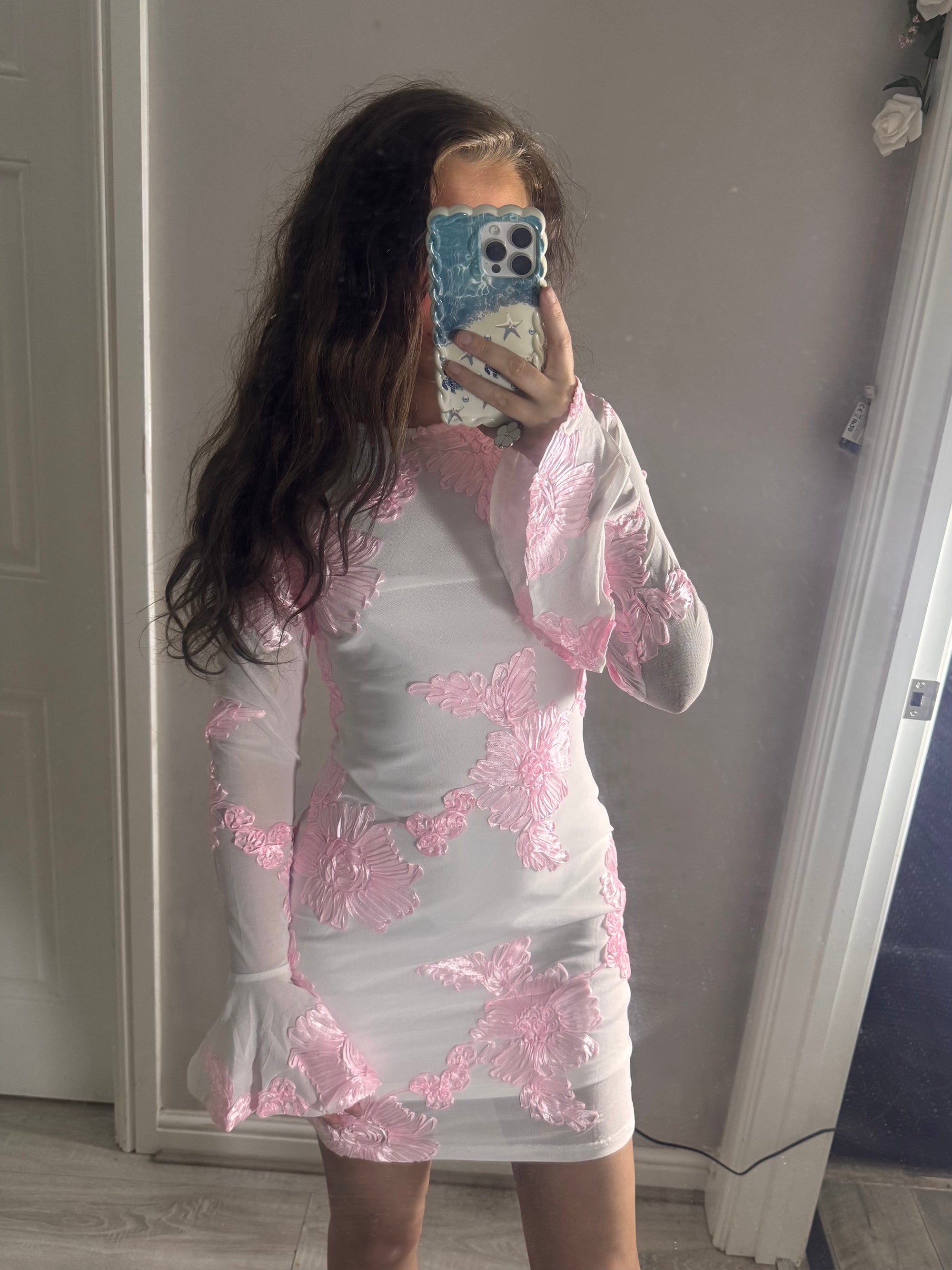 White Pink Indie Luxe Flower Mesh Sleeve Mini Dress