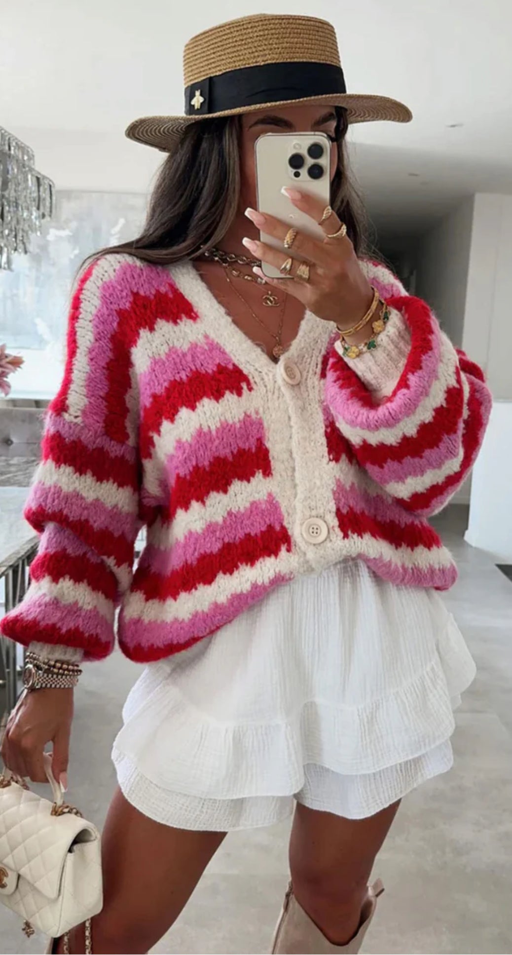 Tamara Contrast Patterned Knitted Cardigan- Red
