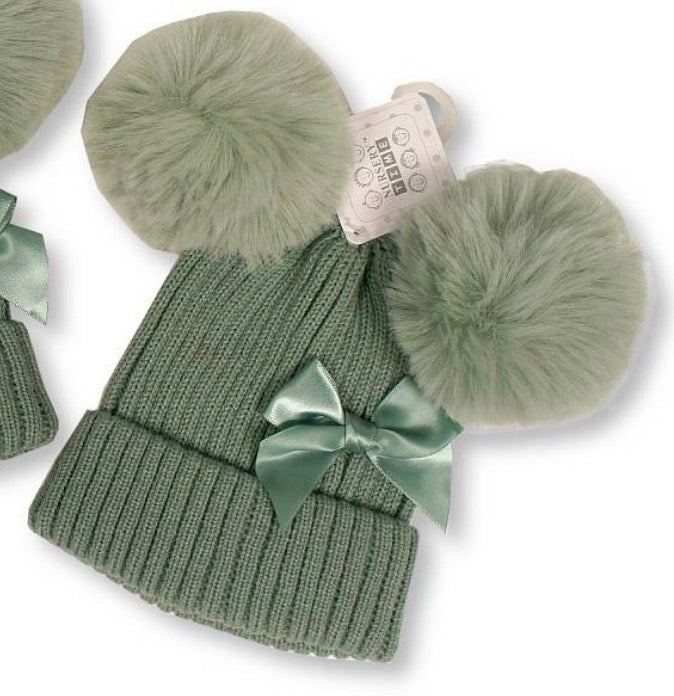 Sage Double Pom Pom Bow Beanie Hat 0-12M