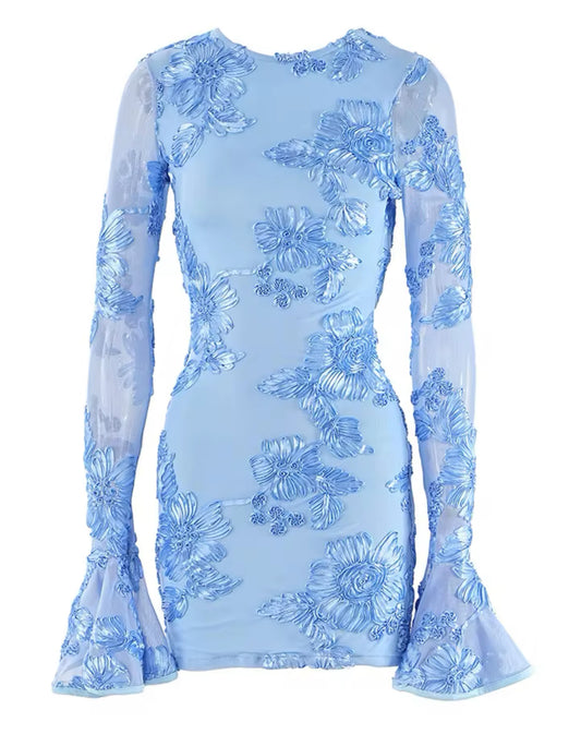 Blue Indie Luxe Flower Mesh Sleeve Mini Dress