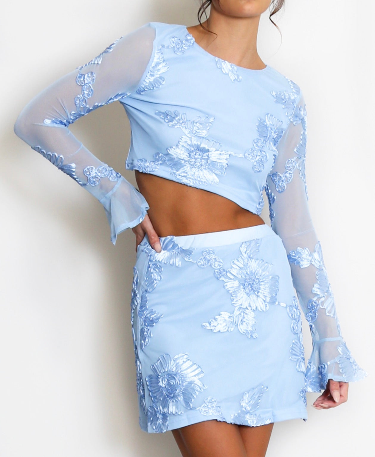Blue Indie Luxe Floral Mesh Sleeve Co ord