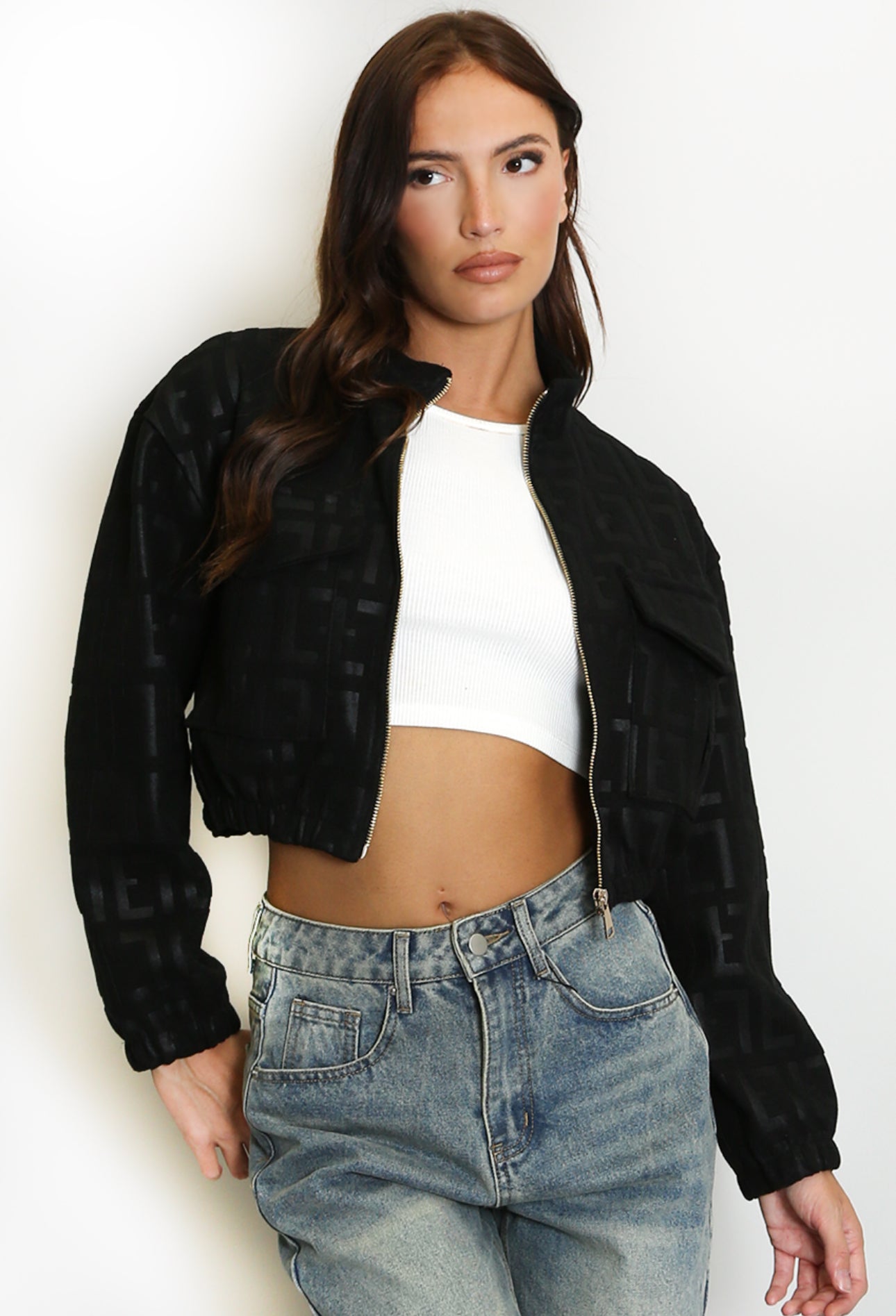 Gia Embossed Cropped Faux Suede Bomber Jacket
