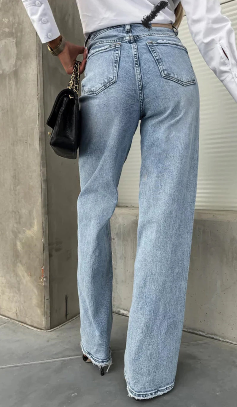 MIMI WIDE LEG FRAYED HEM DENIM JEANS-LIGHT BLUE