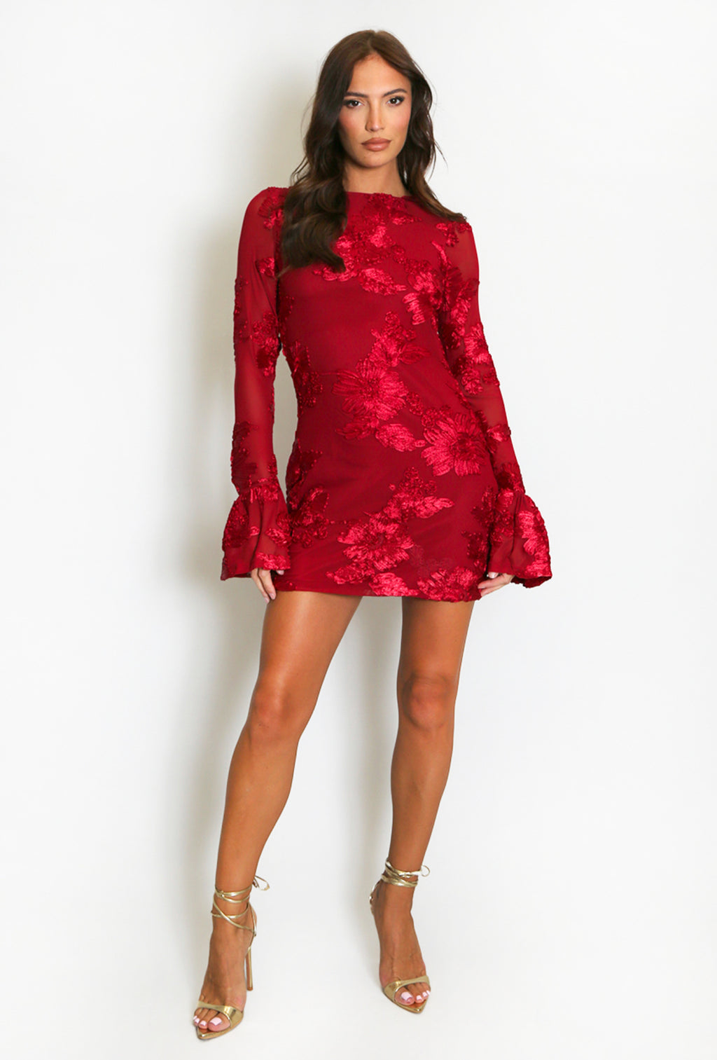 Wine Red Indie Luxe Flower Mesh Sleeve Mini Dress